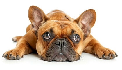  French buldog laying, head portrait, fron view isolated on white background