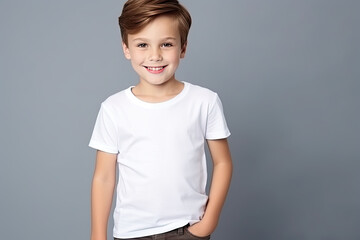 Wall Mural - Cute boy in white t-shirt. Kids t-shirt mockup.
