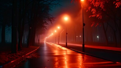 Wall Mural - Foggy alley in the city park at night with street lamps, An empty illuminated country asphalt road through the trees and village in a fog on a rainy autumn day, AI Generated