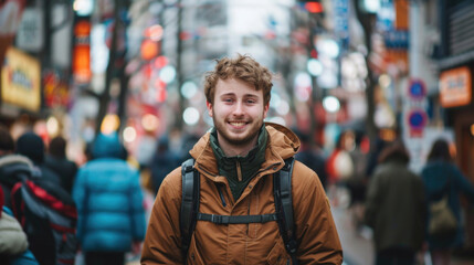 Wall Mural - Young smiling male traveler standing in a crowded Japanese town
