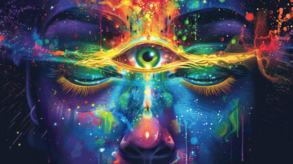 Wall Mural - Third eye is on woman's forehead, symbol of spirituality, spiritual awakening, mindfulness, meditation and healing