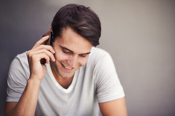 Aufkleber - Man, happy and phone call for talking in studio for communication on mobile network by background. Person, smartphone and listen with smile for chat, story or contact for conversation with connection