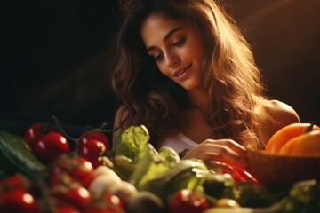 A woman is observing a bowl of fresh produce. Ideal for health and nutrition concepts