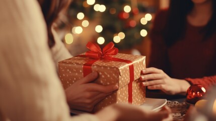 Poster - A person holding a present in front of a festive Christmas tree. Suitable for holiday and gift-giving concepts