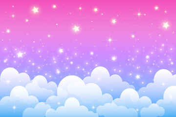 Wall Mural - cute cloudy pink sky with stars. vector fantasy pastel background. purple dreamy landscape. abstract