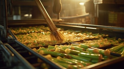 Wall Mural - Close up of a tray of food on a conveyor belt. Suitable for food industry concepts