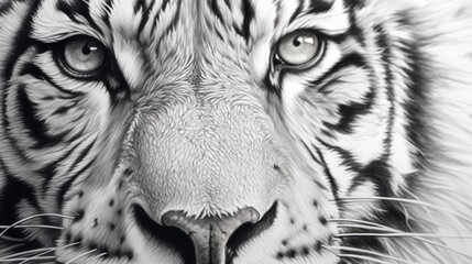 Poster - Close up of a tiger's face in black and white, suitable for wildlife and nature themes