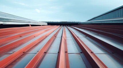 Poster - A red metal roof with a clear blue sky background. Ideal for architectural and construction projects