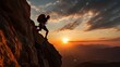 The silhouette of a climber descending from a cliff with a safety rope at sunset against the background of mountains and sky. Extreme Sports, Lifestyle, travel concepts. Horizontal banner, Copy space.