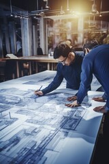 Poster - Two men examining blueprint, suitable for business concept