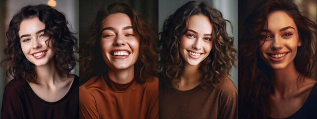 Wall Mural - Set of four portrait of a young smiling woman.