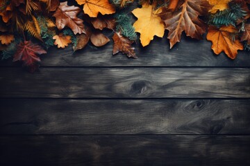 Poster - A bunch of leaves on a wooden surface, perfect for nature backgrounds