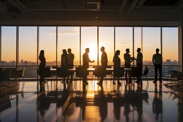 Poster - Group of people in front of a window, suitable for office or teamwork concepts