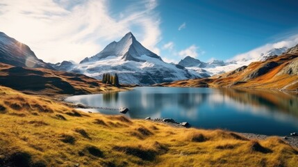 Poster - Scenic view of a mountain range with a serene lake in the foreground. Suitable for nature and travel concepts