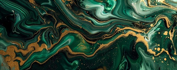 Poster - Abstract marble pattern with liquid ink texture in green and gold. Luxurious stone colors with a convex gold flow stream.