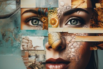 Poster - Collage of a woman's face with a clock in the background. Suitable for time management concepts