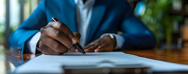 A panoramic image showing a man confidently signing a contract with a pen. Concept Business Deal, Signing Contract, Professional Agreement, Confident Gesture, Official Signature