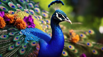 Poster - Close up of a peacock with vibrant feathers. Perfect for nature and wildlife themes
