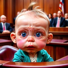 Wall Mural - Crying upset childish baby in courtroom, as defendant or lawyer