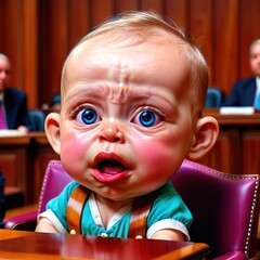 Wall Mural - Crying upset childish baby in courtroom, as defendant or lawyer