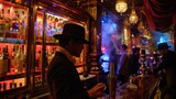 Fototapeta Londyn - An elegantly dressed gentleman in a vintage speakeasy bar, mixing a drink amidst the rich, warm ambience of the prohibition era.