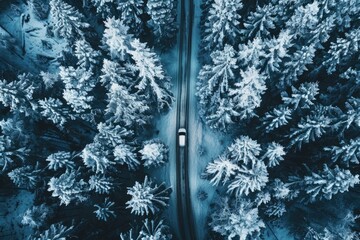 Wall Mural - Aerial view of a car navigating through a winter wonderland. Perfect for travel and adventure concepts