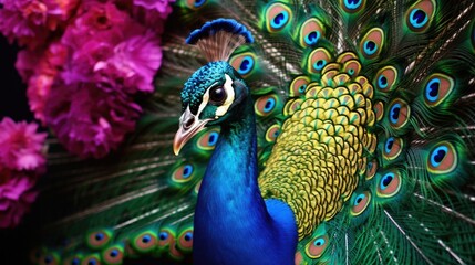 Poster - Close up of a colorful peacock with vibrant feathers. Perfect for nature and wildlife themes
