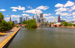 Picturesque view of business district with skyscrapers along river in Frankfurt am Main, Germany