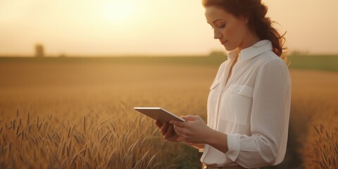 Aufkleber - A woman standing in a field using a tablet. Suitable for technology and nature concepts
