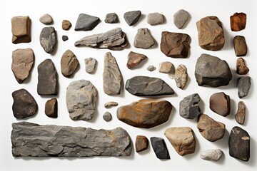 Poster - A collection of rocks and stones on a white surface. Suitable for various design projects