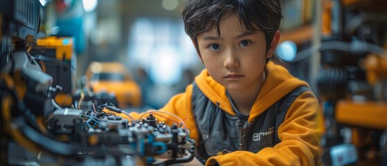 Fototapete - Teenagers doing robotics homework projects at home by using computers and coding. Robotics programming and STEM education concept.