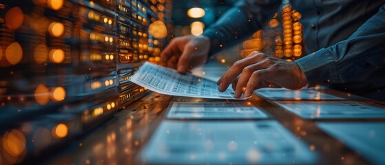 Fototapete - Online documentation database and digital file storage system or software, record keeping, database technology, file access, and doc sharing are used by a businessman.