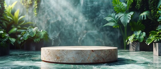 Leinwandbilder - Mock-up of a concrete and natural stone podium against a natural green background for a packaging product presentation. This backdrop is a backdrop for cosmetic products, a scene composed of green