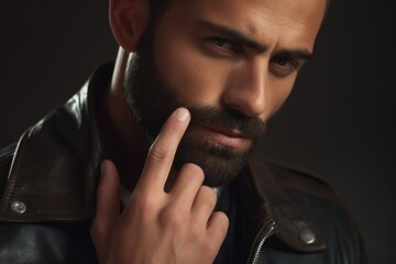 Aufkleber - A man with a beard wearing a leather jacket. Suitable for various projects