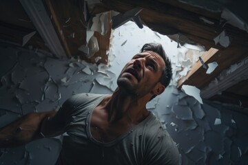 Poster - Man standing in room with broken ceiling, suitable for construction or renovation concepts