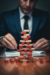 Poster - A man in a suit and tie playing with wooden blocks, suitable for business concepts