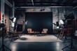 A photo studio setup with lighting equipment and chairs. Perfect for photography projects