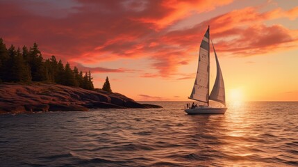 A sailboat floating in the ocean at sunset, perfect for travel and adventure themes