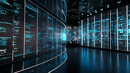 Poster - Futuristic technology for processing information analysis and sorting big data, two big databases, sharing and structuring information in digital space