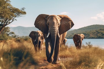 Aufkleber - Herd of elephants walking across a grass field. Suitable for wildlife and nature concepts