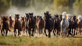 Fototapeta  - Herd of horses running in field.