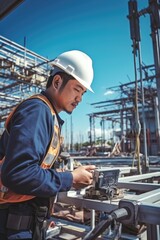 Poster - A man in a hard hat looking at his phone. Suitable for construction industry concepts