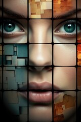 Poster - Close up shot of a person's face with multiple squares, suitable for technology concepts