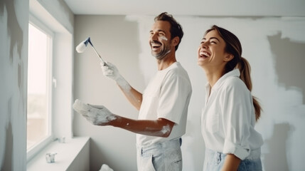 Young married couple painting the walls, happily renovating a newly purchased house