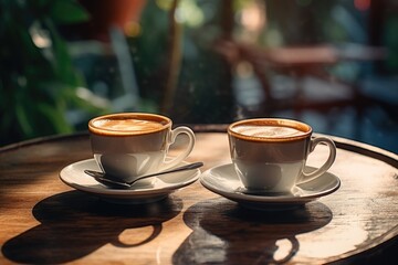 Poster - Two cups of coffee on a table, suitable for cafe or restaurant promotions