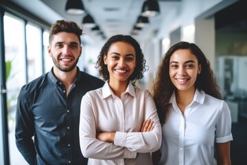Poster - Three individuals standing in a group. Suitable for teamwork concepts