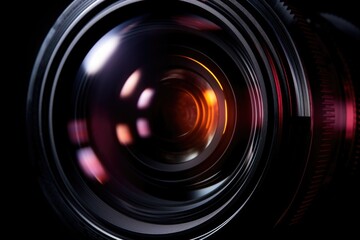Poster - Close up shot of a camera lens on a black background. Perfect for technology or photography concepts