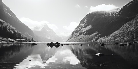 Poster - A serene mountain lake captured in black and white, suitable for various design projects
