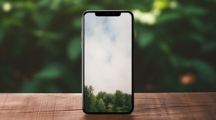 Poster - A modern cell phone resting on a rustic wooden table, suitable for technology or lifestyle concepts