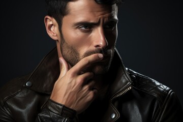 Aufkleber - A man in a leather jacket posing for a picture. Suitable for fashion or lifestyle concepts
